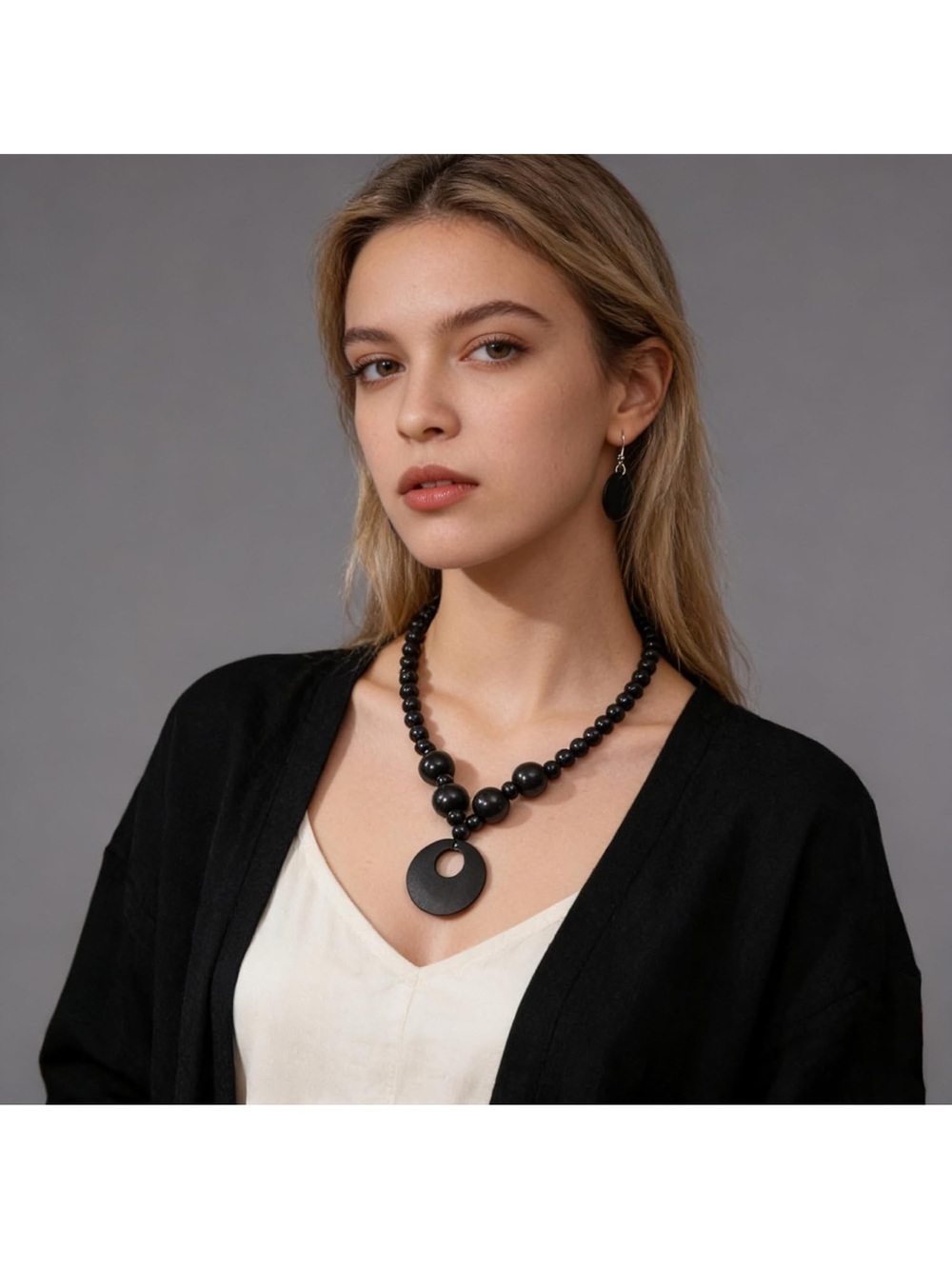 Black Wooden Beaded Boho Necklace and Earrings Set - New in Package - Picture 3 of 4